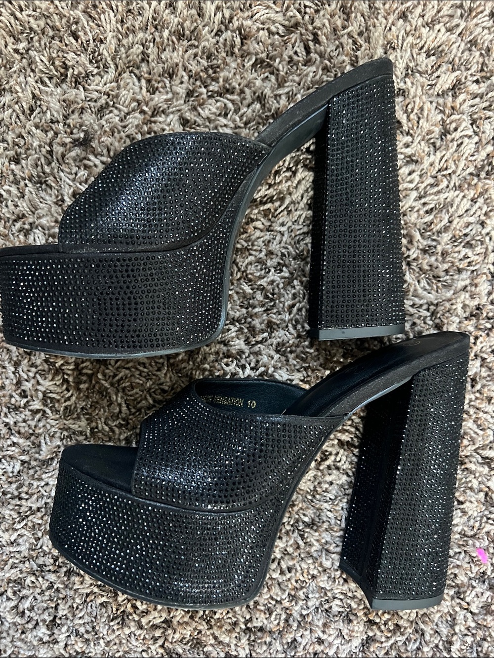 Black Rhinestone Platform Slide Heels - Women's